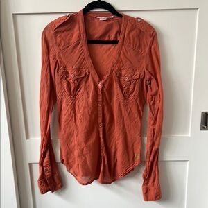 Women's Orange Button-Up Cotton/Silk Top